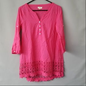X AERIE HALF BUTTON 3/4 SLEEVE CROCHET TRIM BLOUSE
